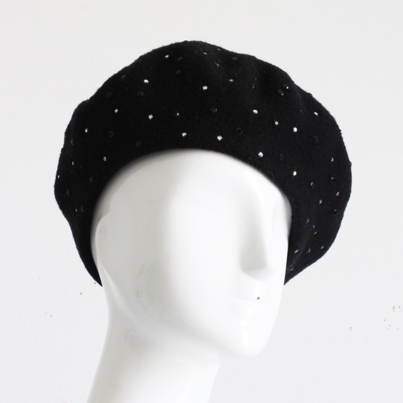 Norma Kamali OMO Hat Beret Black Wool Embellished Rare Retro Vintage 80s main image 5